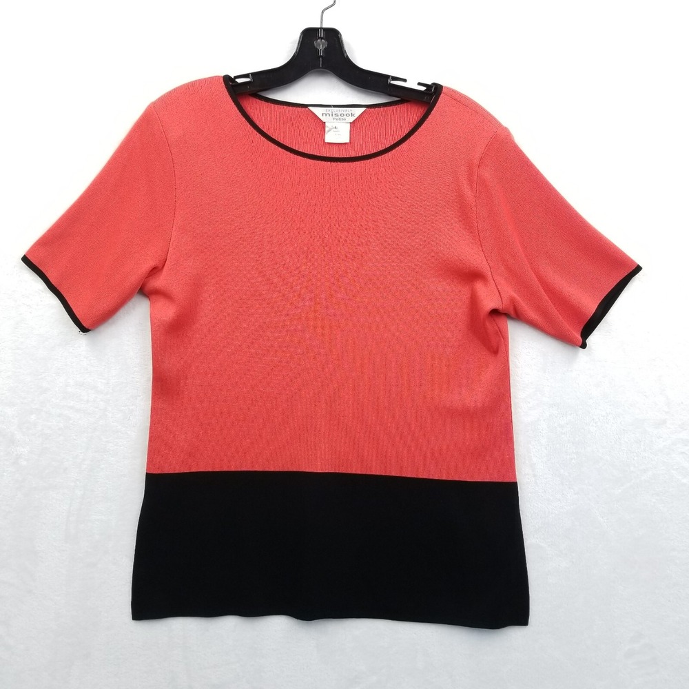 Misook Tunic Women Petite Large Red Black Knit‎ Colorblock Shirt Shoulder Pads